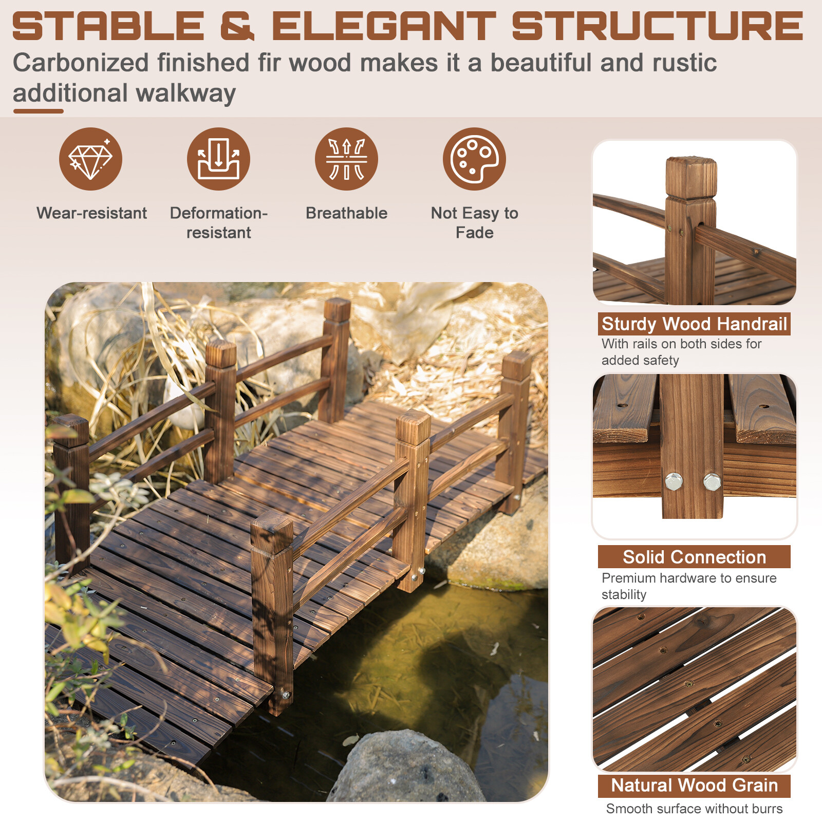 5FT Wooden Garden Bridge Decorative Pond Landscaping Bridge with Double Railings