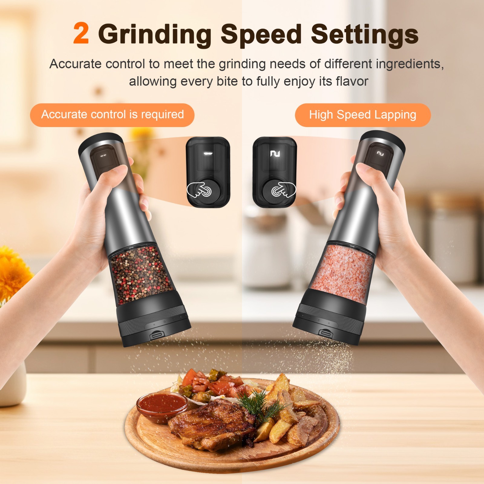 Electric Salt Pepper Grinder Set, Rechargeable Base, Adjustable Coarseness, 2PCS