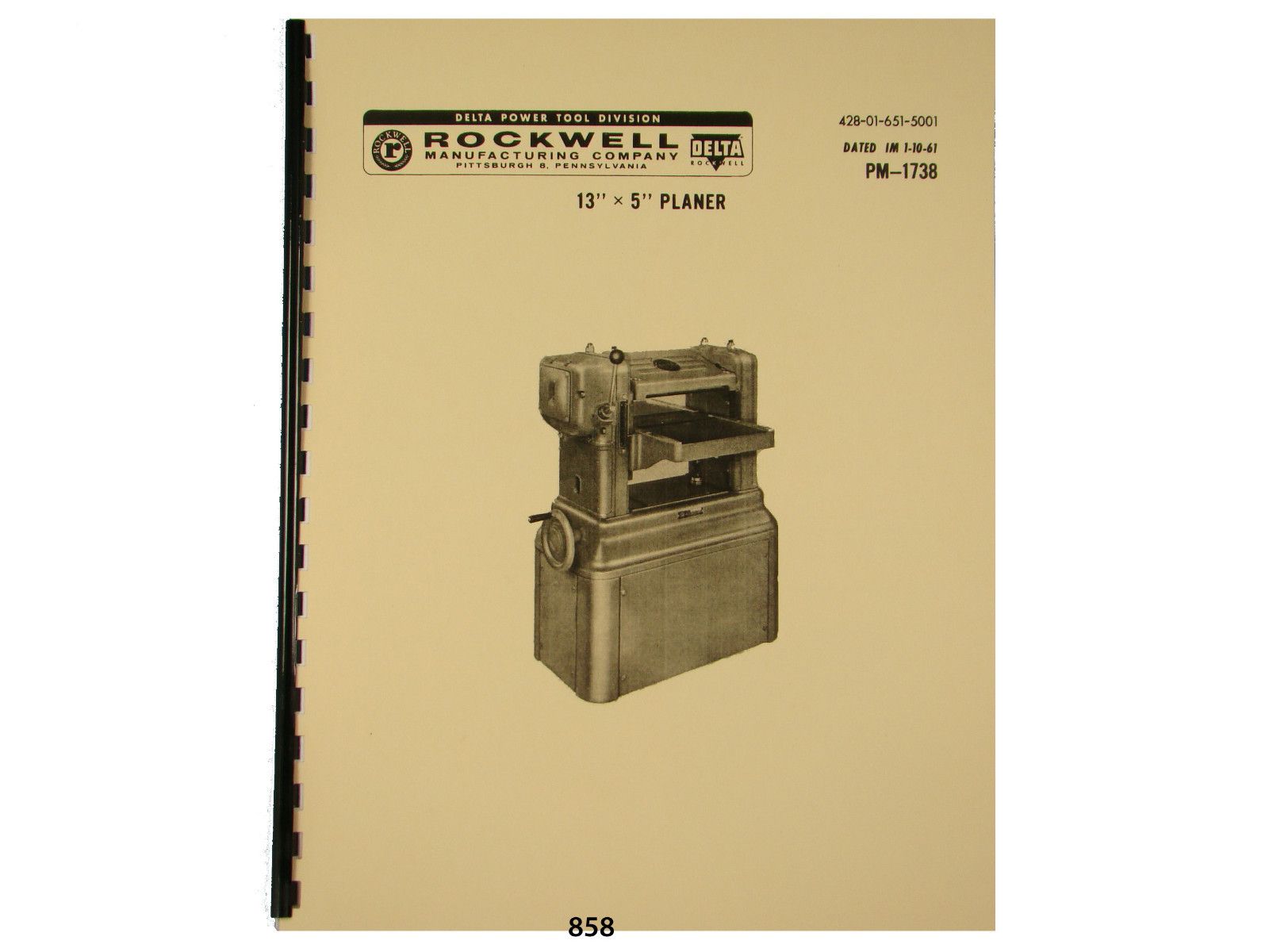 Delta Rockwell 13"x5"  Wood Planer  Instruction & Parts Manual *858