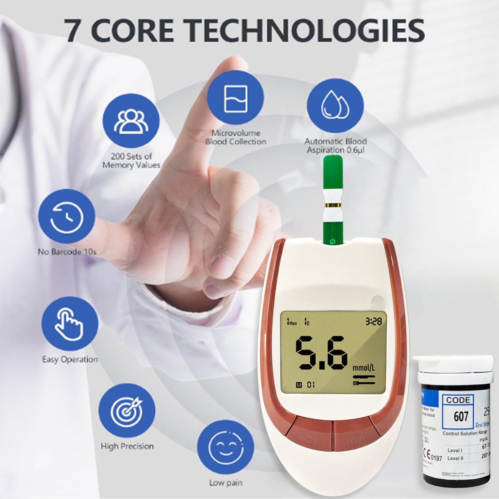 Blood glucose meter, self-monitoring of blood glucose by diabetic patients