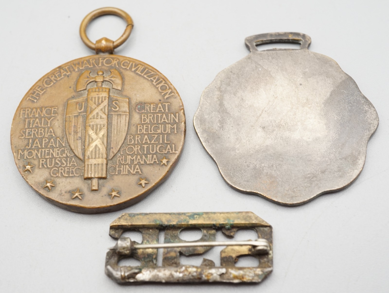 WWI Army Victory Medal, Watch Fob & 696th Field Artillery Officer Insignia Pin