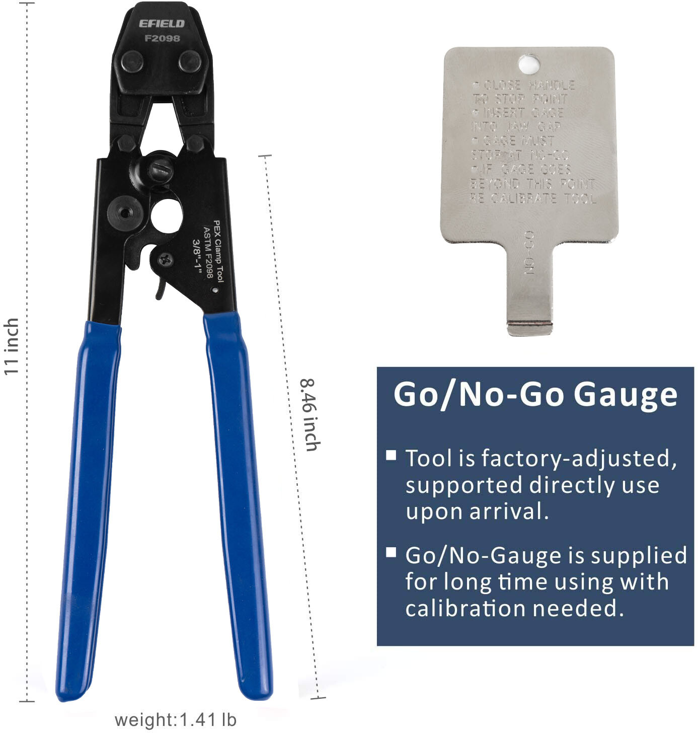 EFIELD PEX Cinch Clamps  Crimping Tool for SS Clamps 3/8"-1"& Go/No-Go Gauge