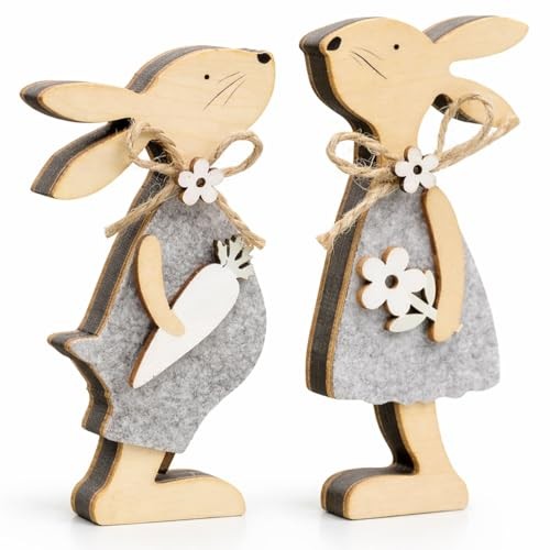 Set 2, Easter Rabbit Decor, Easter Decorations for the Home, Wood, White, Grey