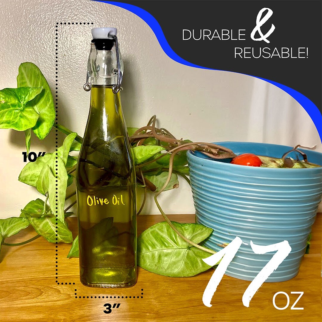 Nevlers 17 oz Square Swing Top Glass Bottles (Pack of 6) | Includes Funnel, Brus