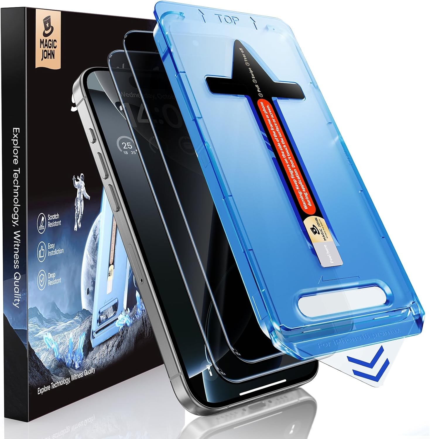 MAGIC JOHN 2 Pack for iPhone 16 Pro Max Plus tempered Glass Screen Protector