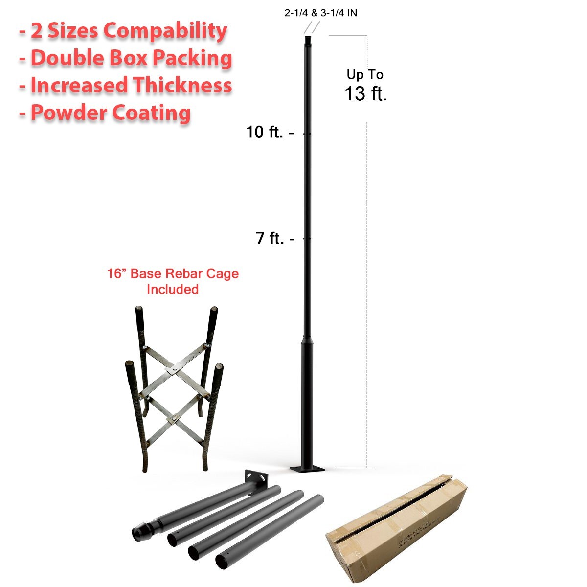 10ft 13 ft. Extendable Black Outdoor Universal Light Pole Corrosion-resistant