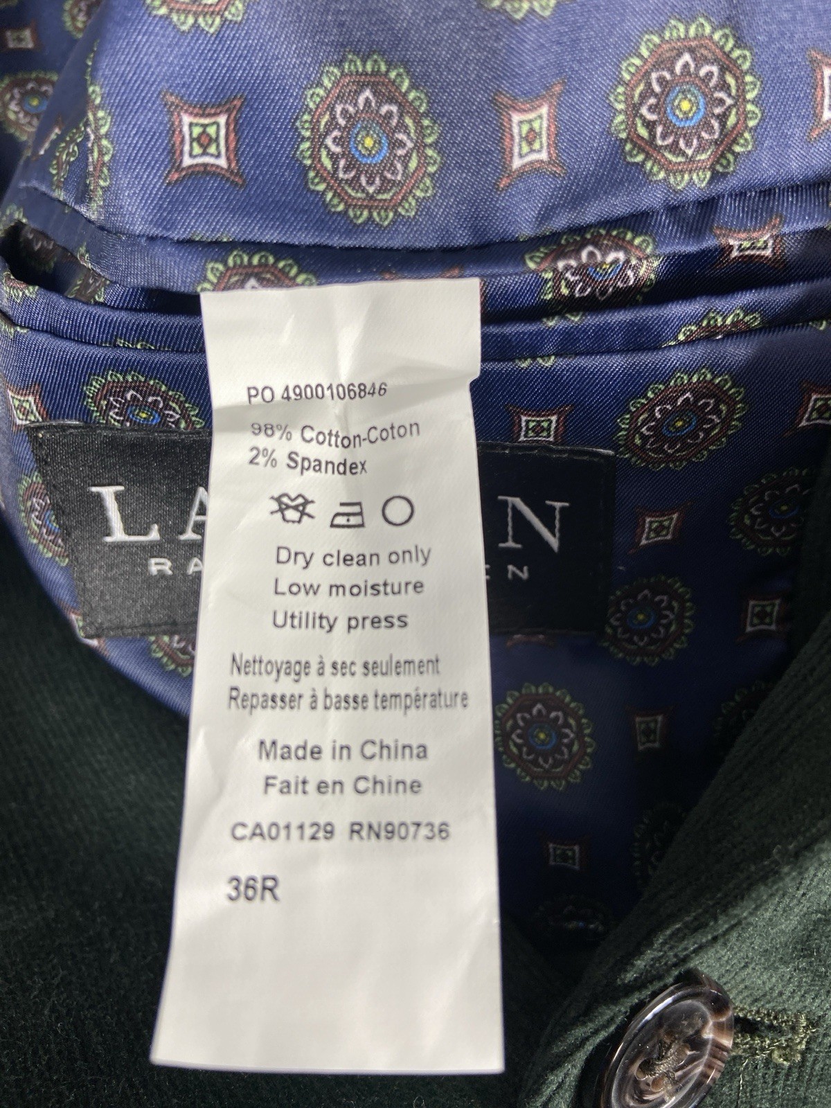 Lauren Ralph Lauren Jacket Men’s 36R Green Corduroy Sport Coat Elbow Patch EUC