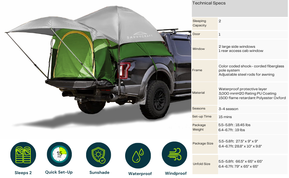 Waterproof Pickup Truck tent Full Size Truck 5.5'-5.8', 6.4'-6.7', 8'-8.2' Bed