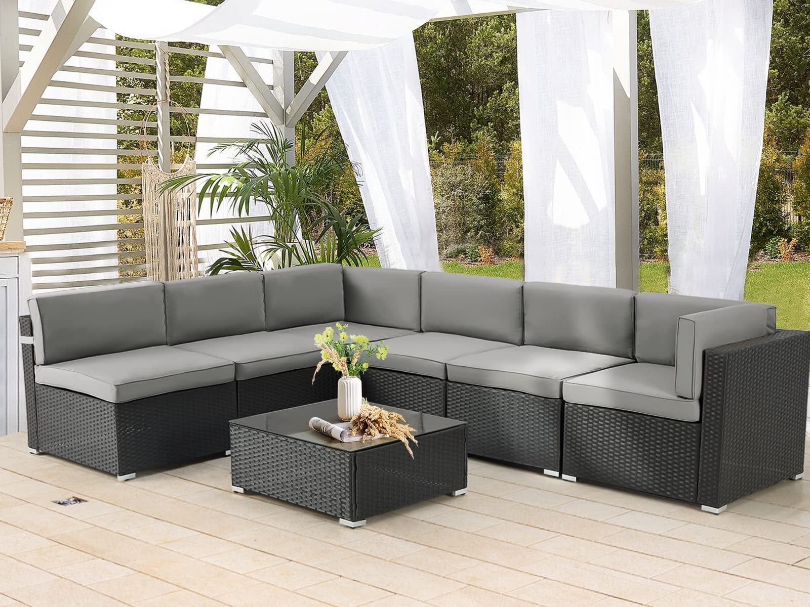 7-Pieces Patio Furniture Set Outdoor Sectional Sofa Rattan Wicker Sofa W/ Table