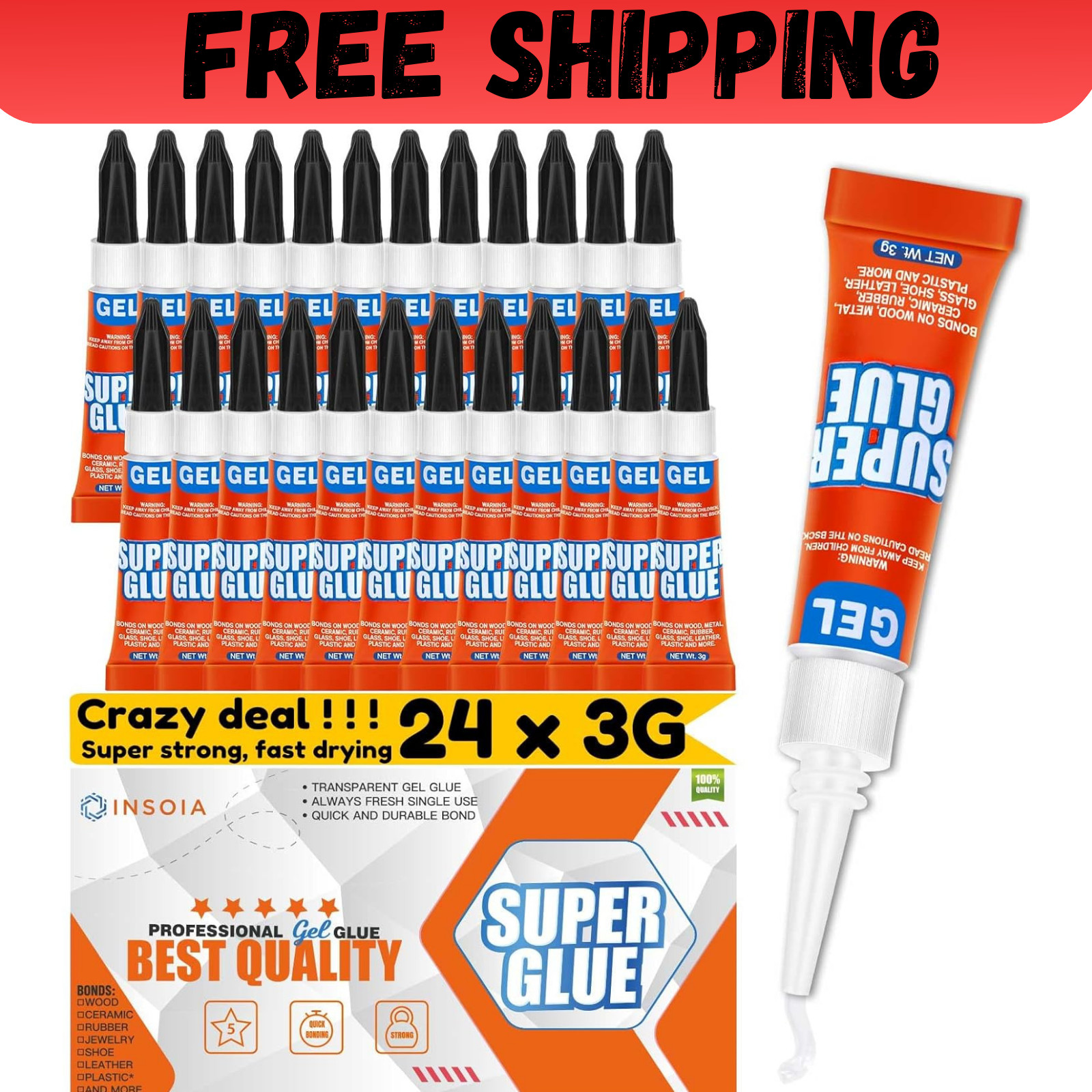 Super Glue Gel Clear Non-Drip, 24 X 3G All Purpose Strong Adhesive Ca Glue Quick