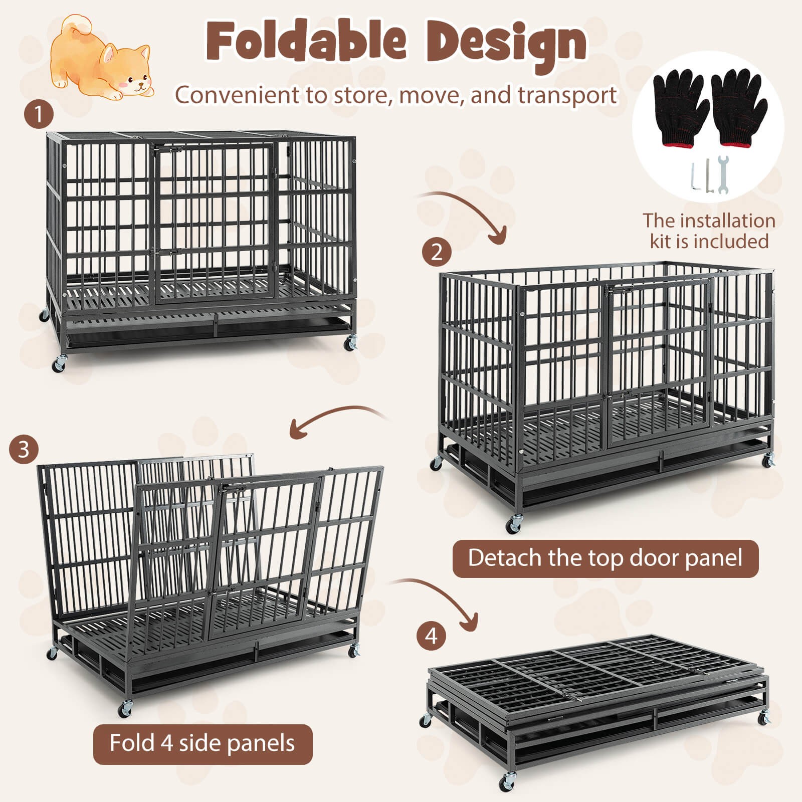 48" Foldable Heavy-Duty Metal Dog Cage W/ Lockable Rolling Casters Black