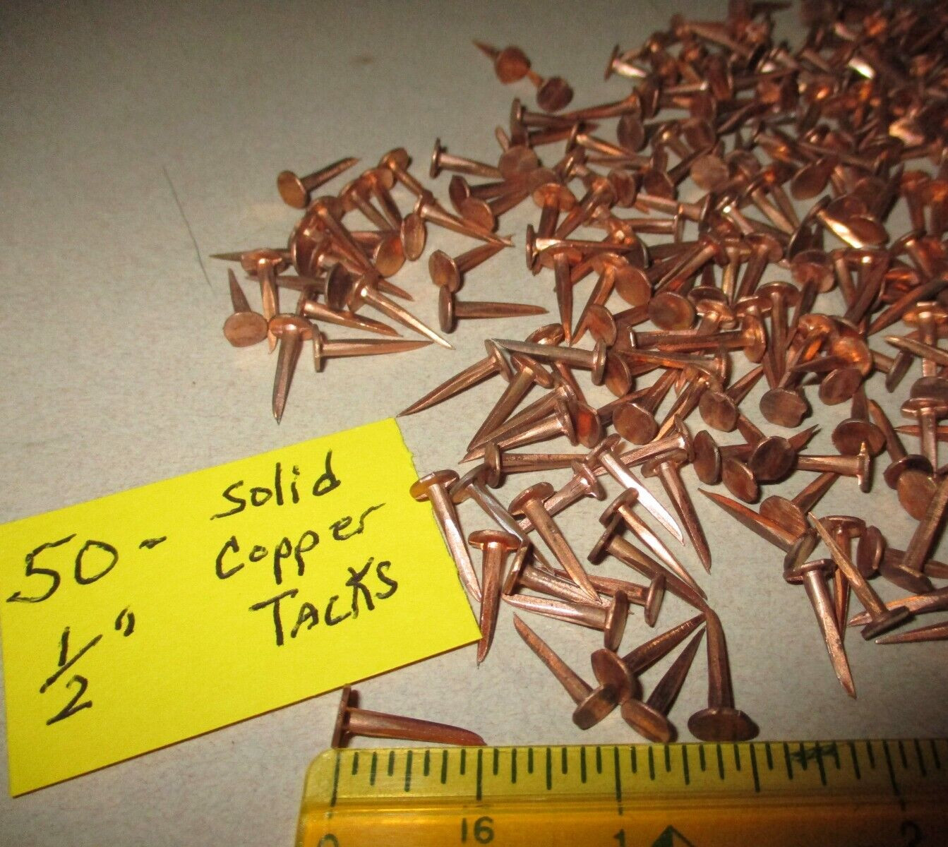 50-VINTAGE 1/2” LONG SOLID COPPER TACKS sharp point's 7/32” WIDE flat head, NOS