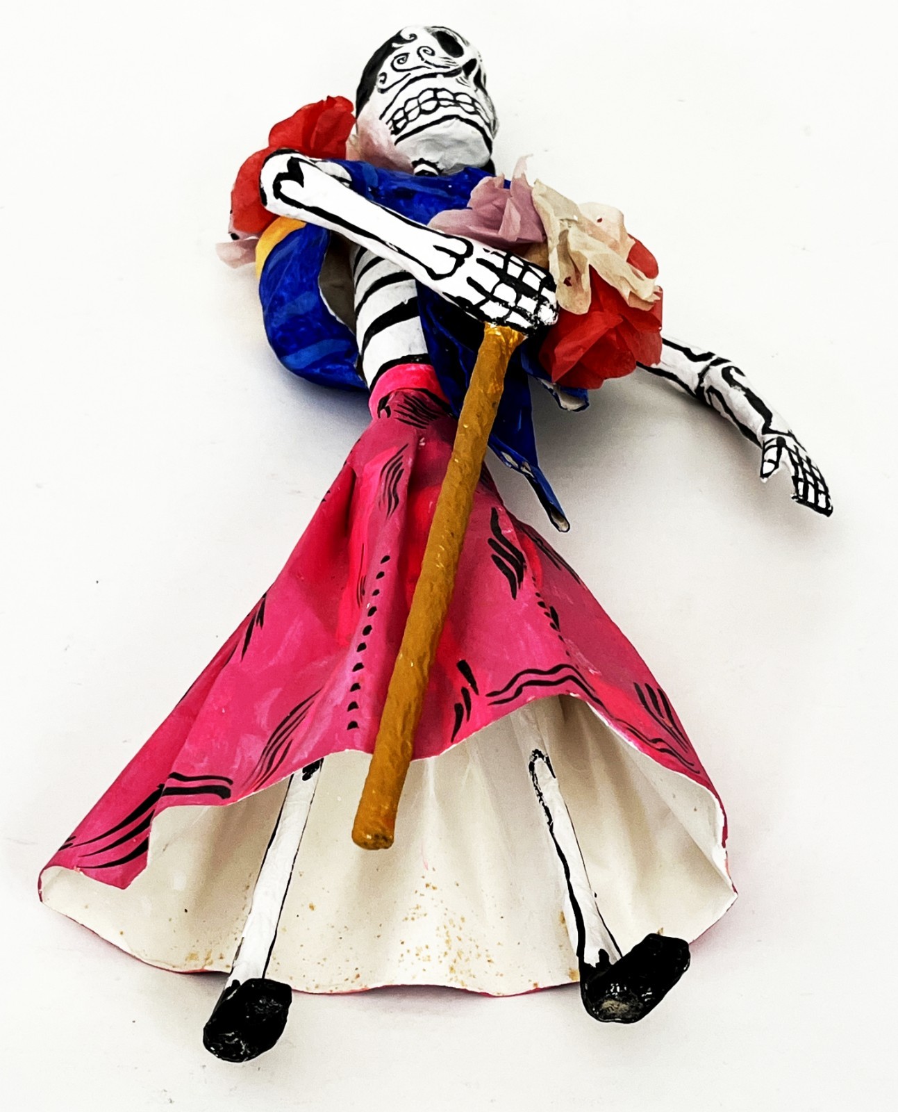 2 1970s SIGNED LINARES MEXICAN CARTONERIA PAPER MACHE SKELETON CATRINA SCULPTURE