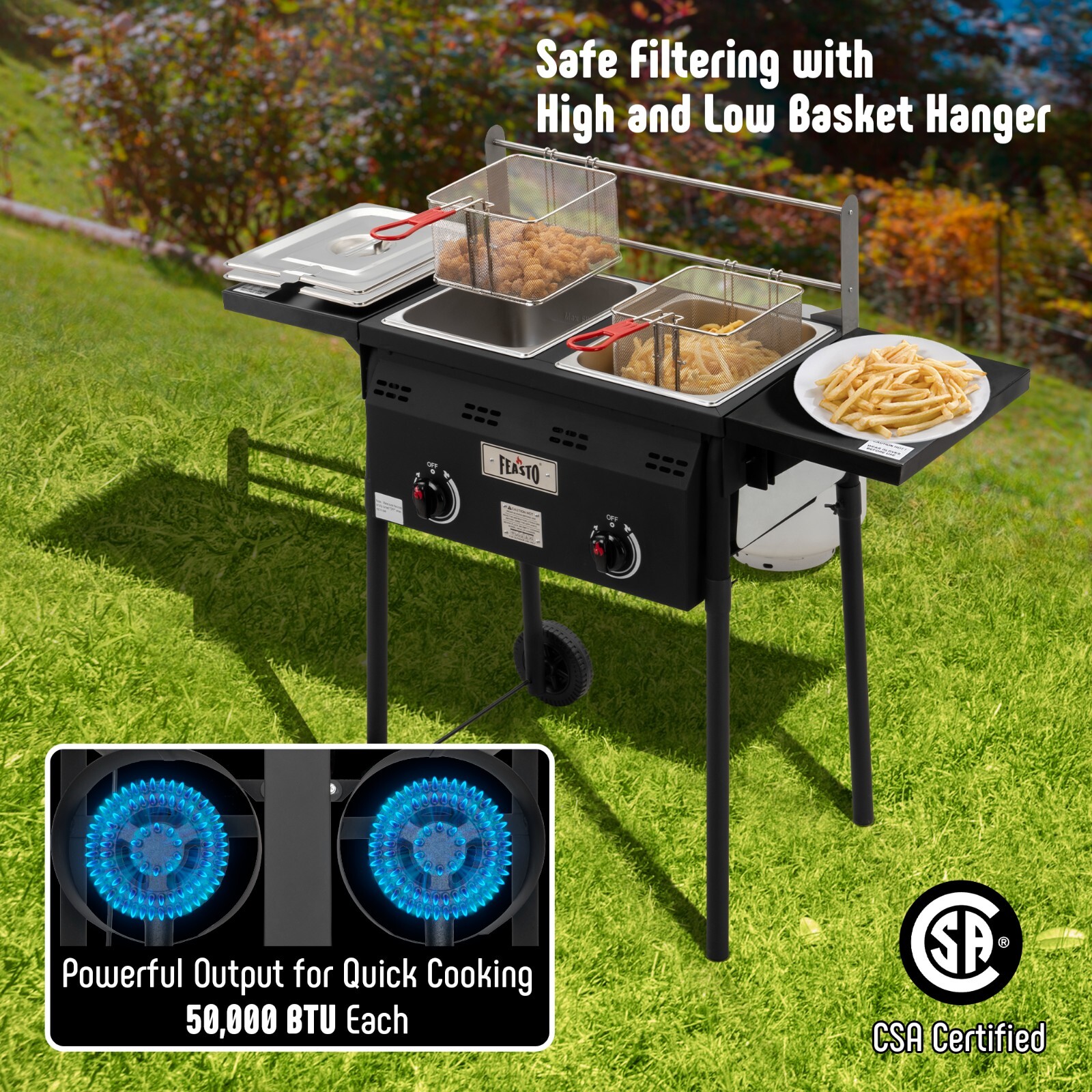 Outdoor Propane Deep Fryer,Dual Tank with Dual Independent Cast Iron Burners