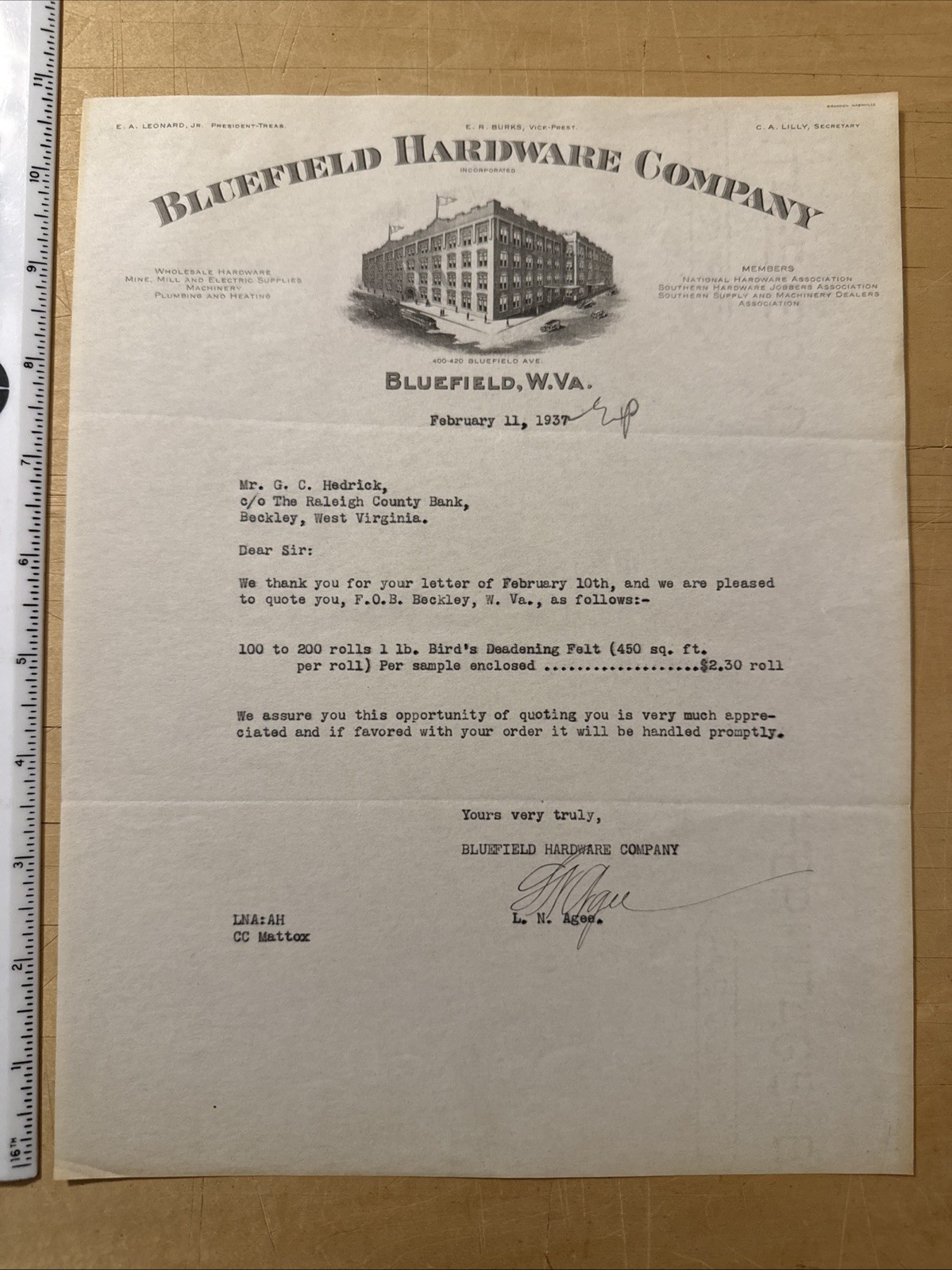 1937 Bluefield Hardware Co. Letter - Bluefield, West Virginia.
