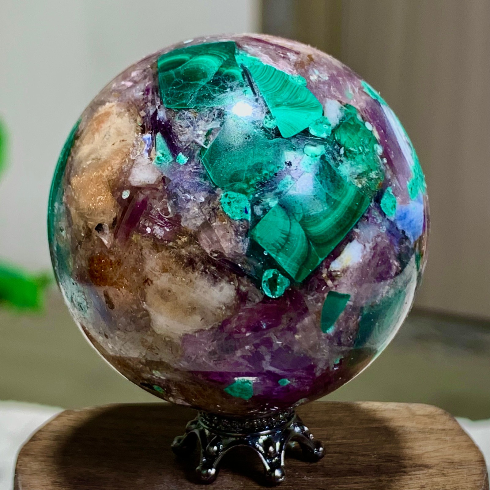 116G Newly discovered rare malachite purple mica symbiotic sphere restoration