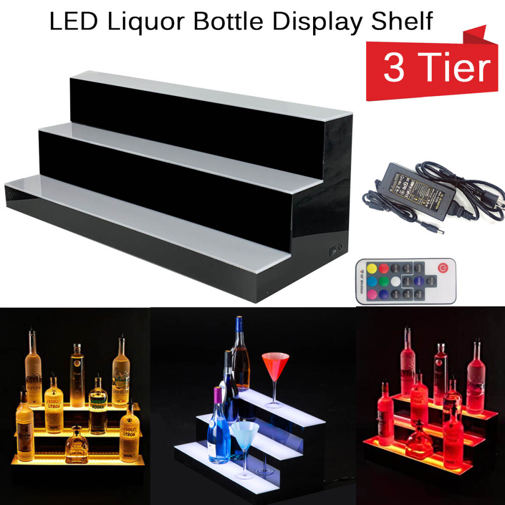 39" 3 Step Tier LED Lighted Shelves Illuminated Liquor Bottle Bar Display Stand