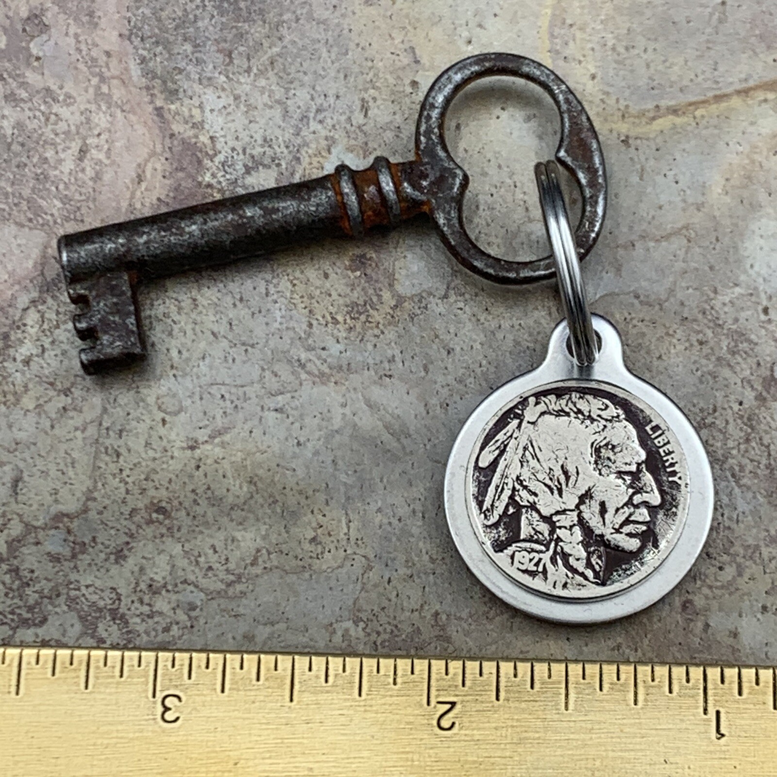 Vintage Buffalo Bison Stainless Steel Key Chain, Nickel 5 Cents