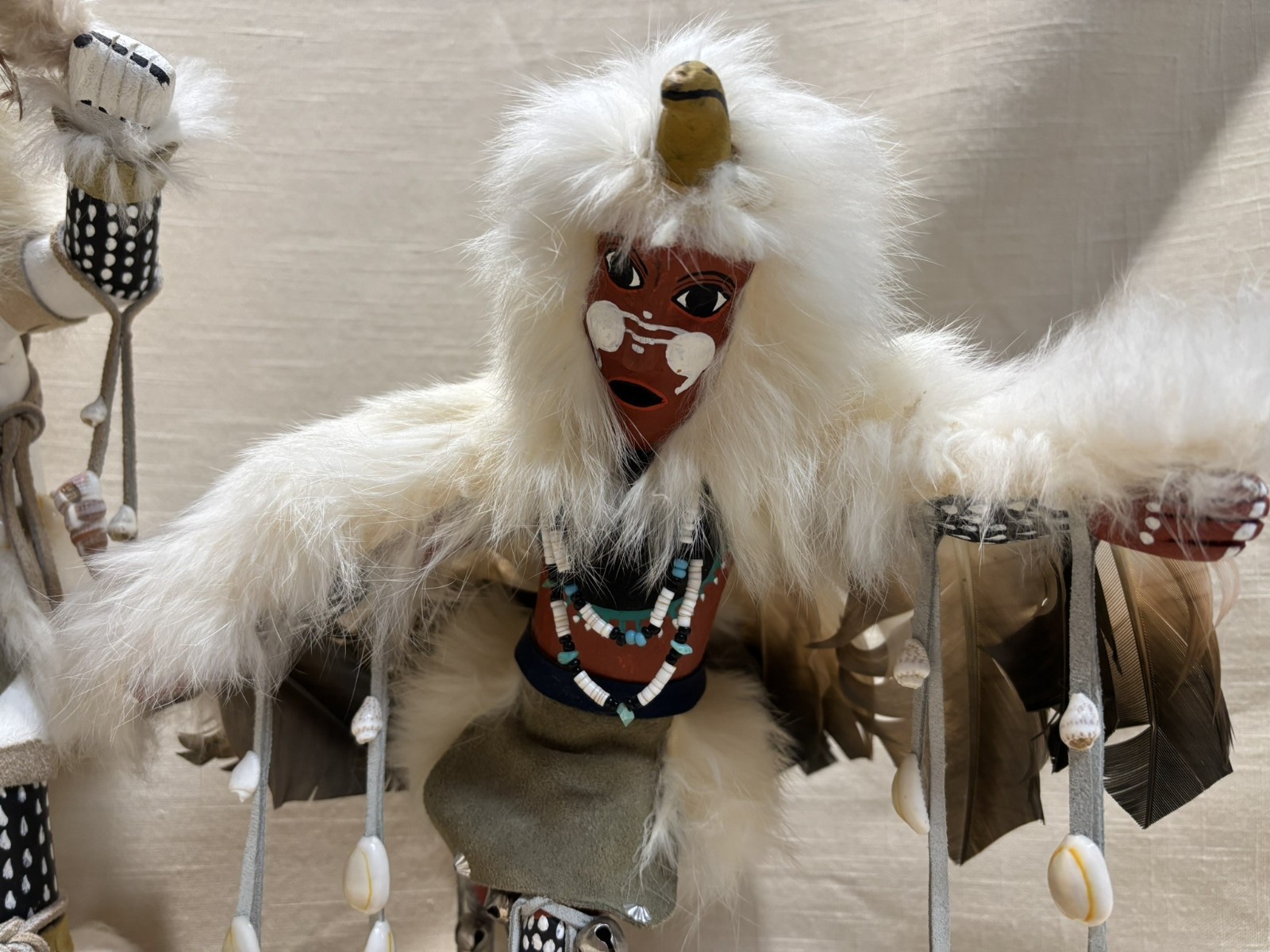 Kachina Sculptures Buffalo & Eagle Dancer 11-14" Handmade Feathers & Fur Signed
