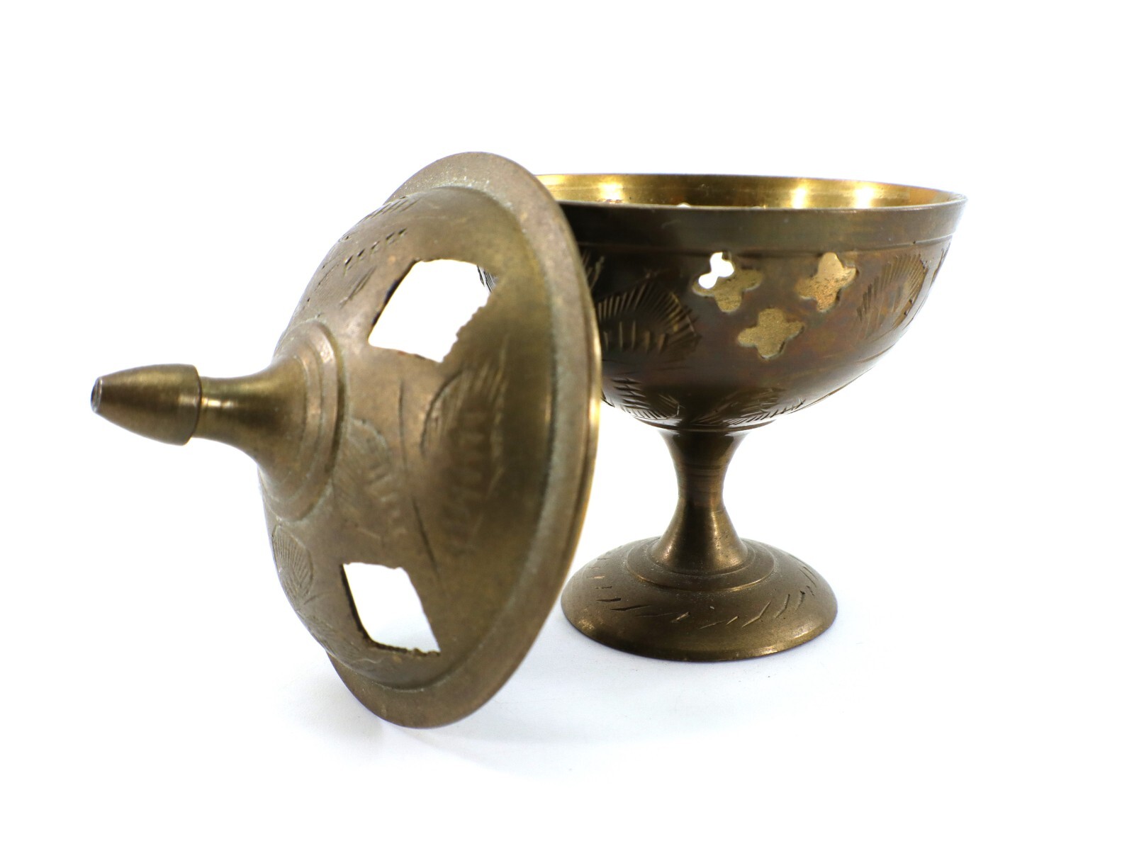 Brass INCENSE BURNER 2-Piece Lid 3 ½” Tall Etched Leaf India