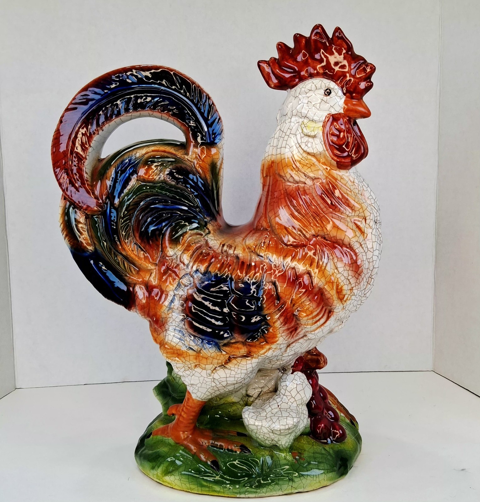 Vtg Italian Ceramic Rooster w/2 Chicks Large Handpainted