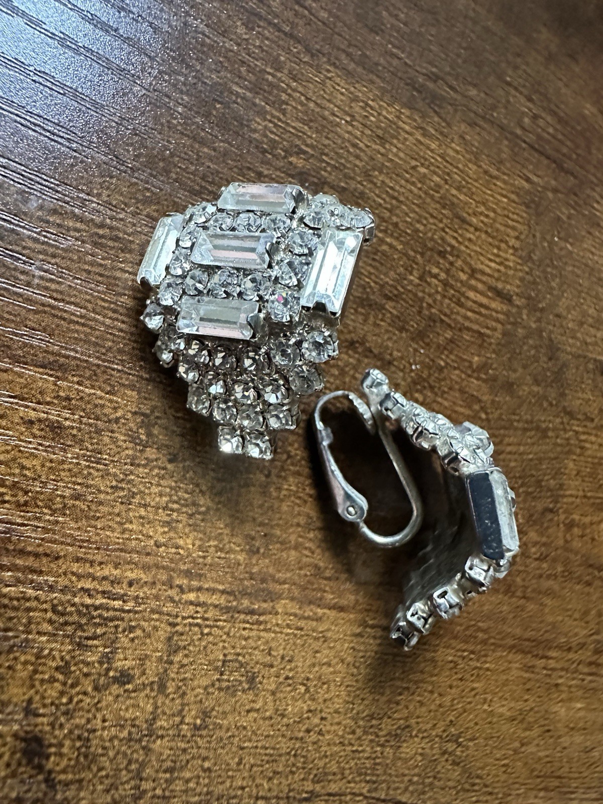 Vintage 1990s LORD & TAYLOR Clear Rhinestone Clip On Earrings Domed Shape