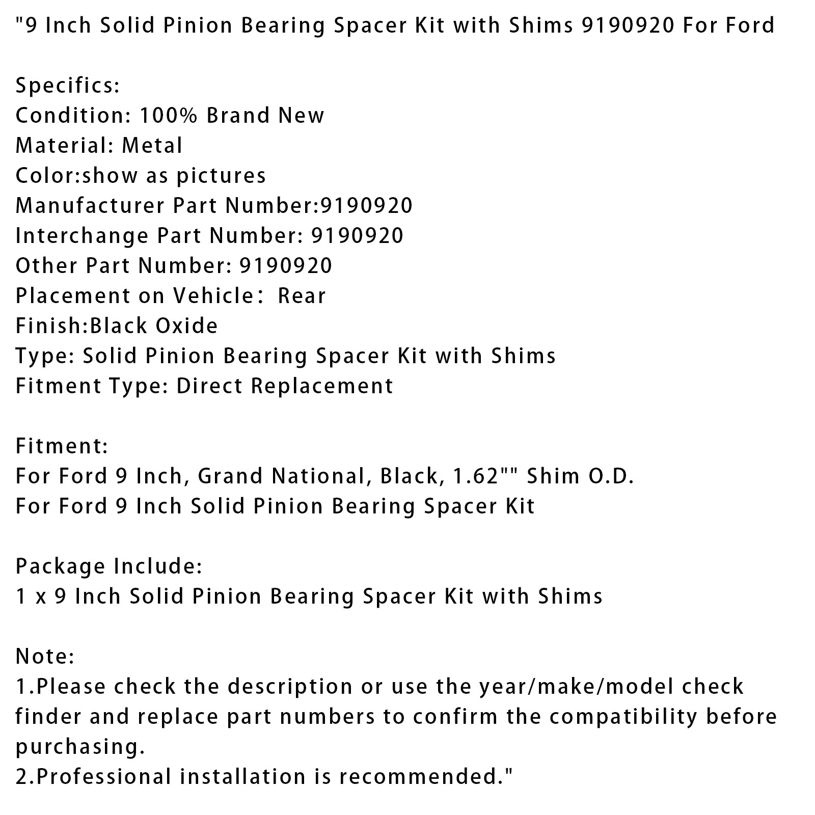 🚗9 Inch Solid Pinion Bearing Spacer Kit w/ Shims 9190920 For Ford
