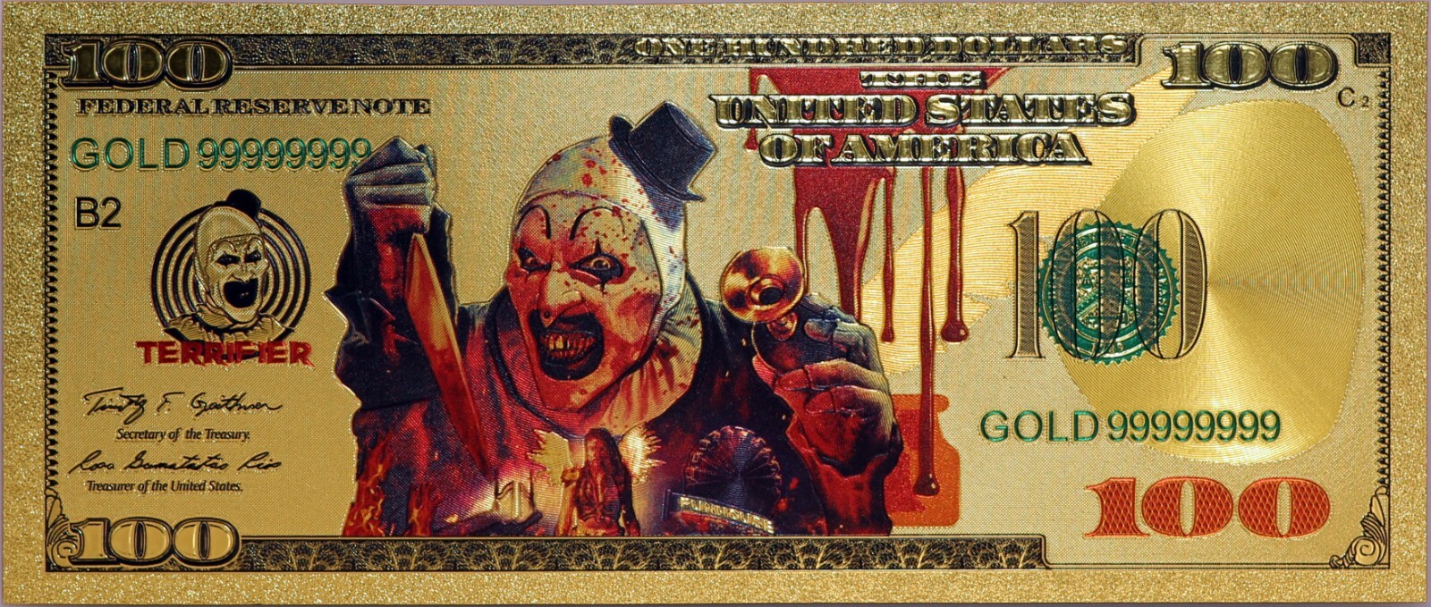 Art The Clown $100 Terrifier Full Color Note Novelty 24K Gold Plated Bill XX037