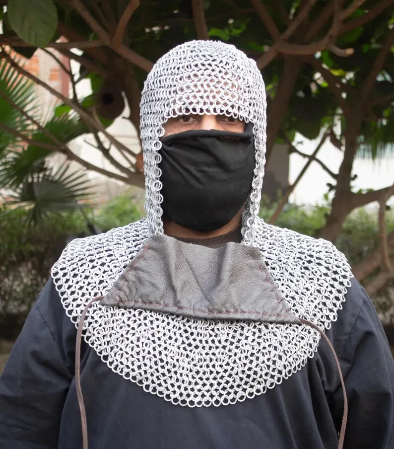 Chainmail Coif With Mask Leather Attached 10MM Flat Ring Riveted With Washer
