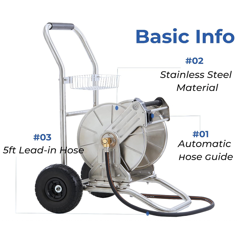 Giraffe Tools Garden Hose Reel Cart with Wheels, Stainless Steel