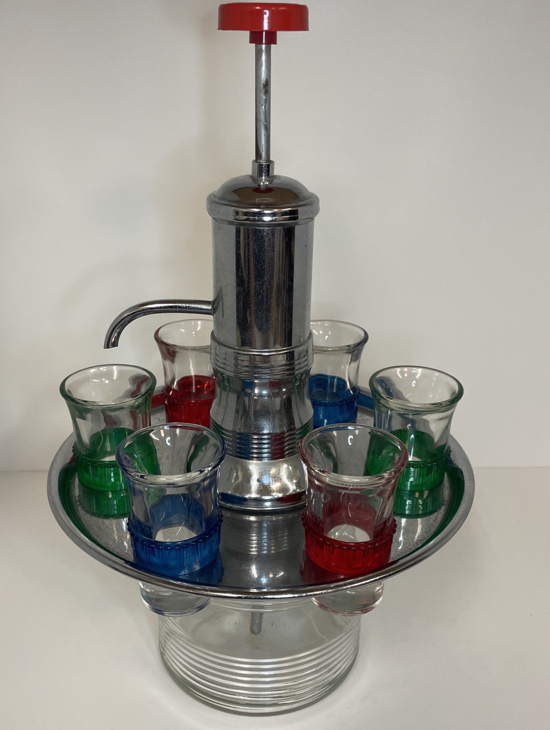 Vintage Park Sherman MCM Liquor Dispenser w/6 Shot Glasses Rotating Chrome Tray