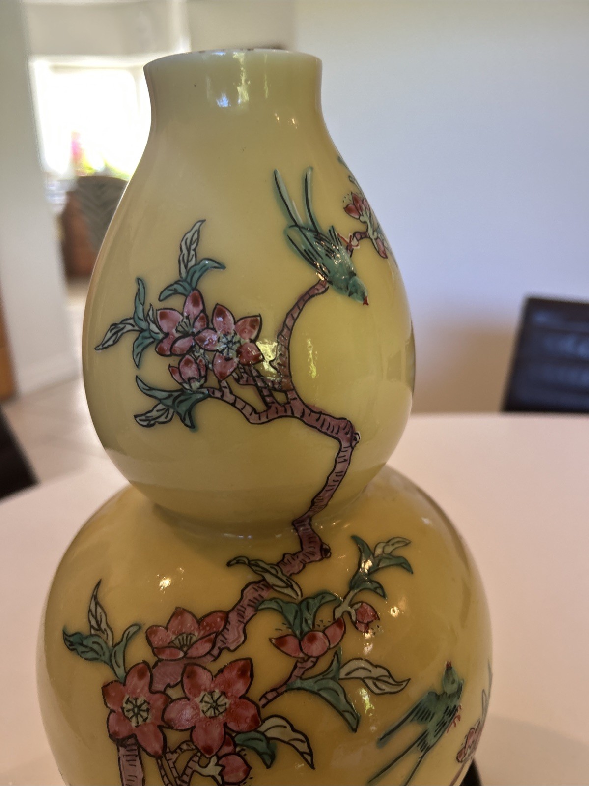 Vtg Chinese Famille Floral Birds Gourd Shaped Porcelain Vase