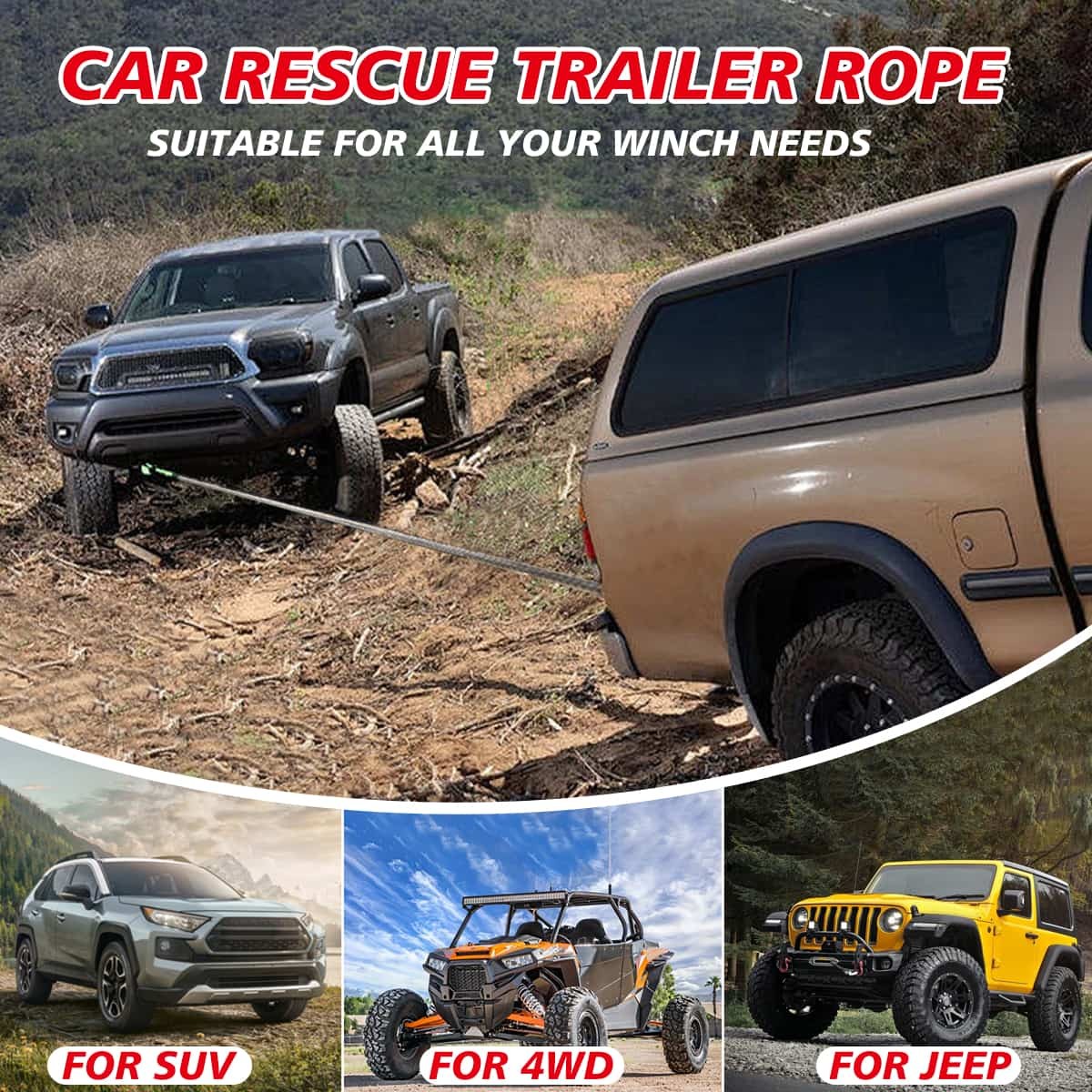 Synthetic Winch Rope Kit, 1/4'' x 50FT w/ 10000 lbs Strength, Protective Sleeve