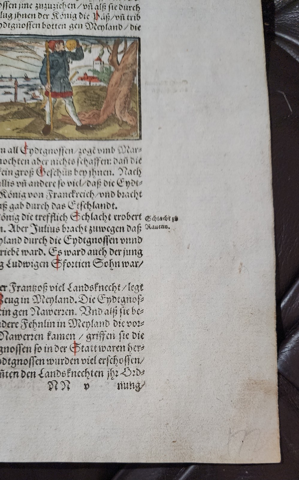 1588 German Manuscript Book Page Hand Colored War Burned At Stake 1500s Ephemera