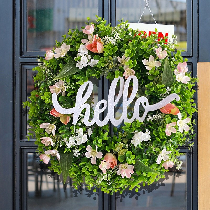 Artificial Home Hello Wreath for Front Door or Porch, Multicolor Flower