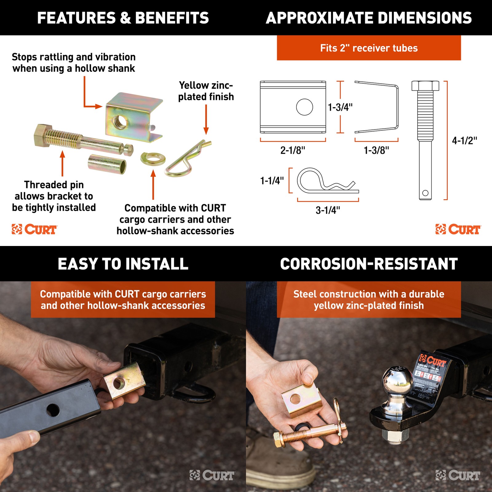 Trailer Hitch + Cargo Carrier Basket Folding + Anti-Rattle Pin Kit CURT #13529