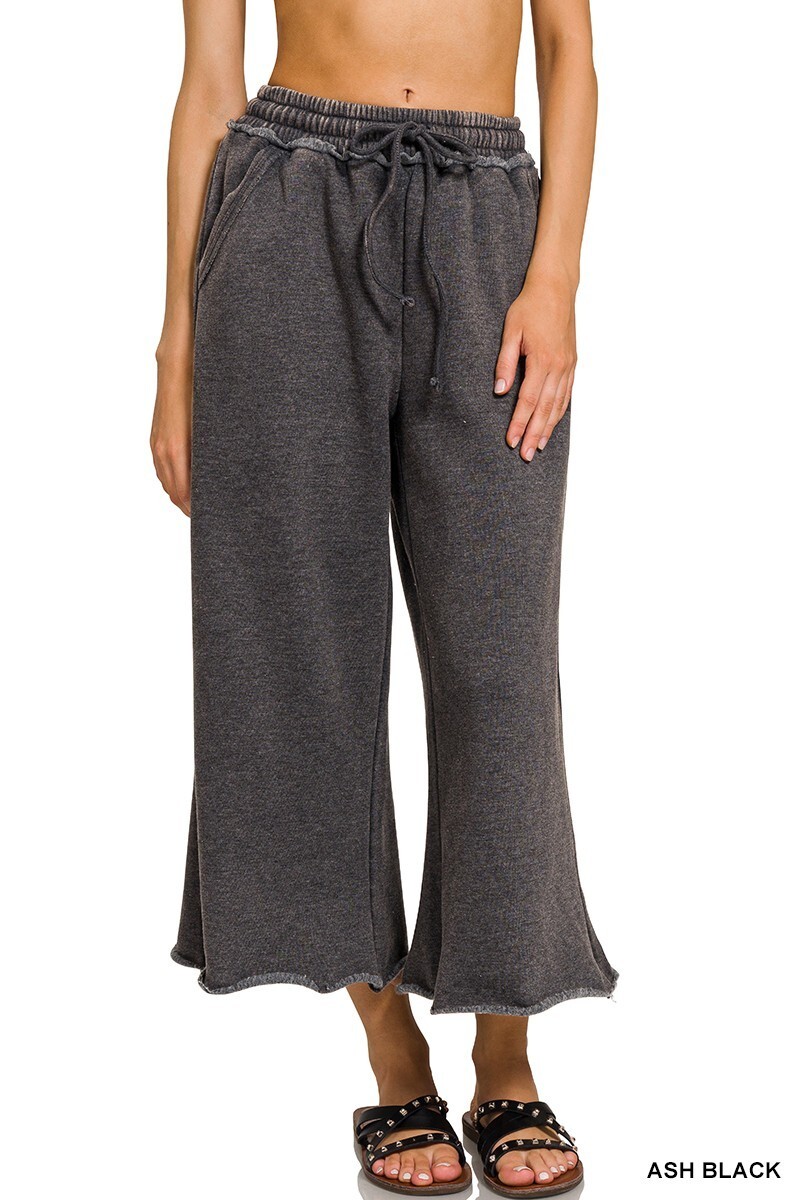 Ash Black Zenana Palazzo Acid Wash Crop Sweatpants w/ Pockets Stretch Waist