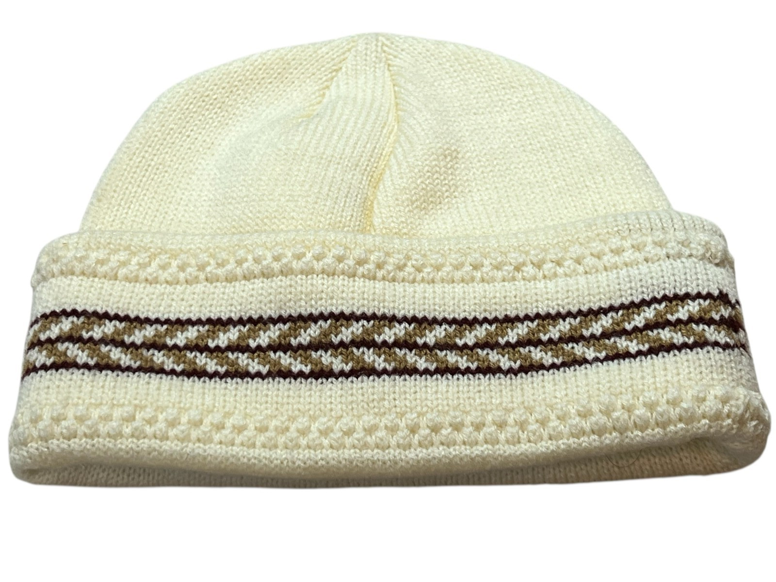 Vintage 70s Hat Stocking Cap English Village Acrylic Knit Cream Brown Design