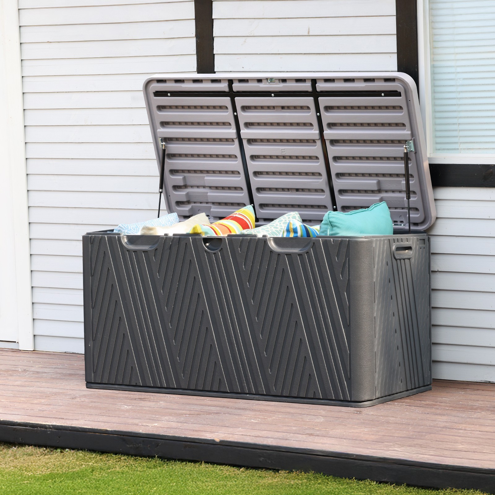 85 Gallon Outdoor Deck Box Storage Patio Chest Organizer w/Air Rods Lockable Lid
