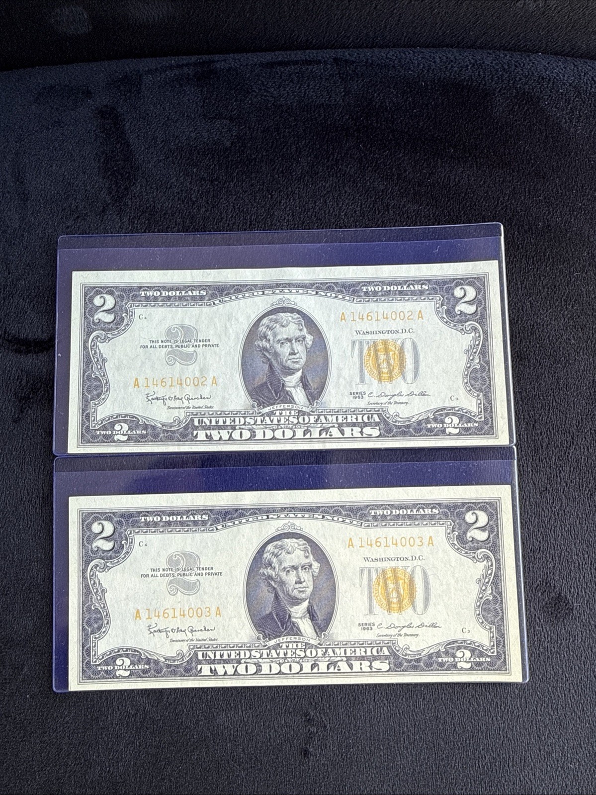 1963 A -2 Consecutive- $2 Dollar Bill ( Yellow SEAL🔥)