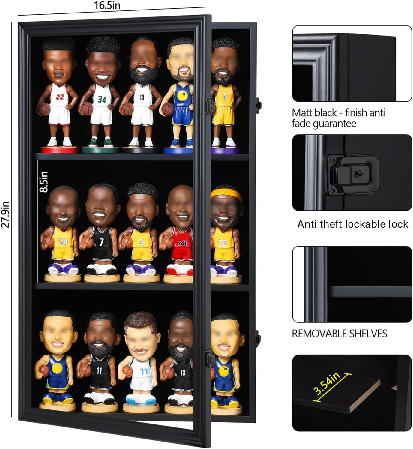 Bobblehead Display Case 15 Pcs Action Figure Black Wall Wood Cabinet Shadow Box