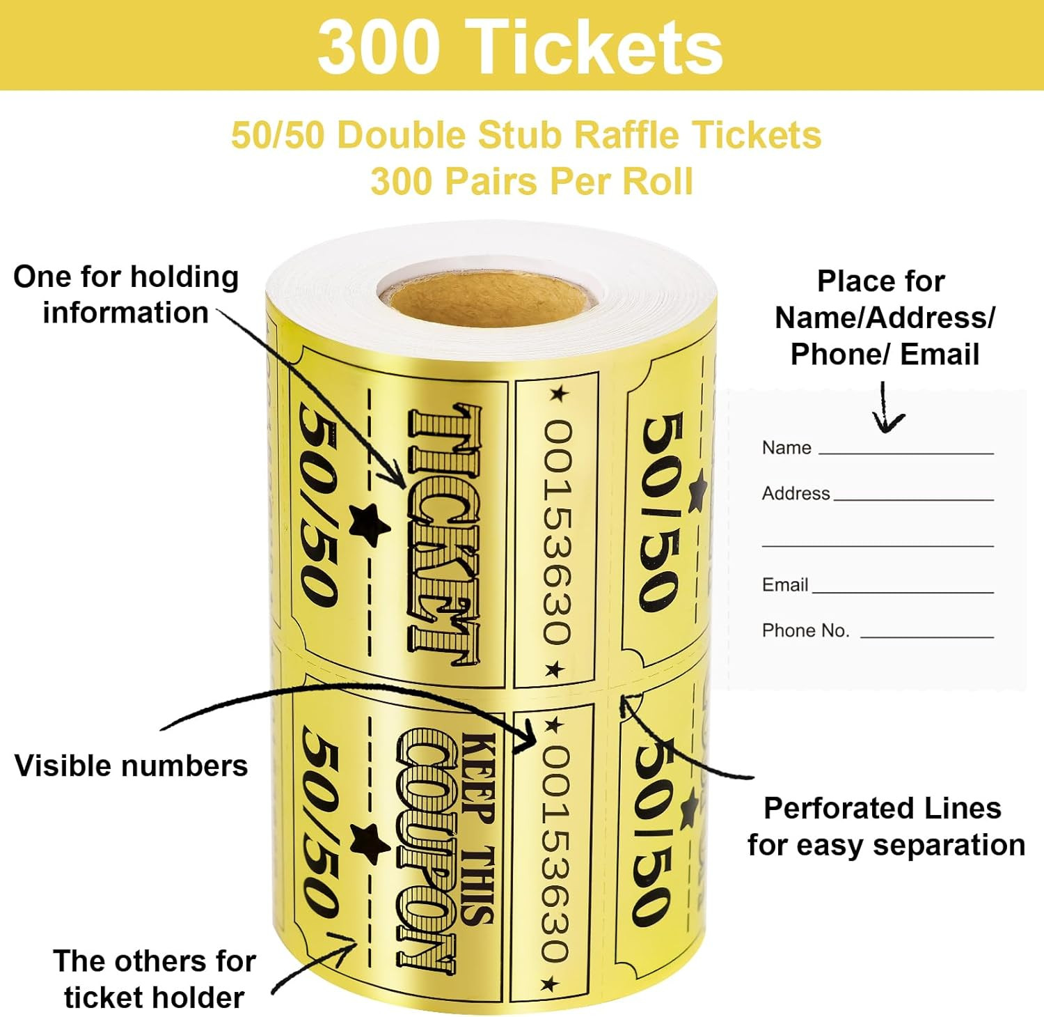 Large 50/50 Raffle Tickets Double Roll 300Pcs Gold Glitter Cards Tickets for Hap