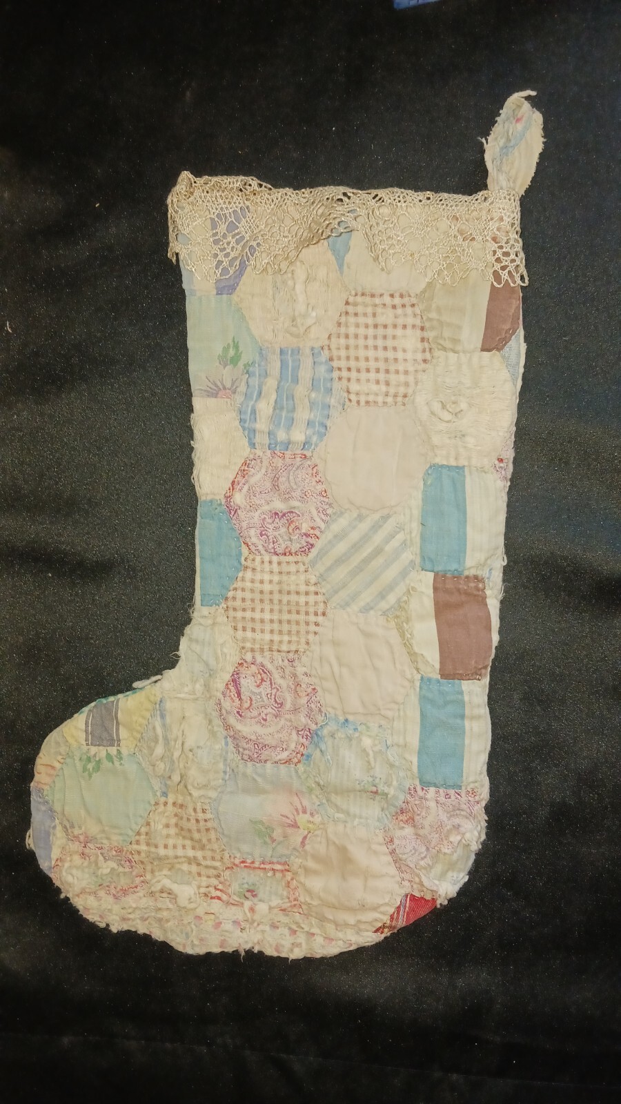 Antique Hand Stitched Quilted Christmas Stocking Flour Sack Rustic Cottage 1940s