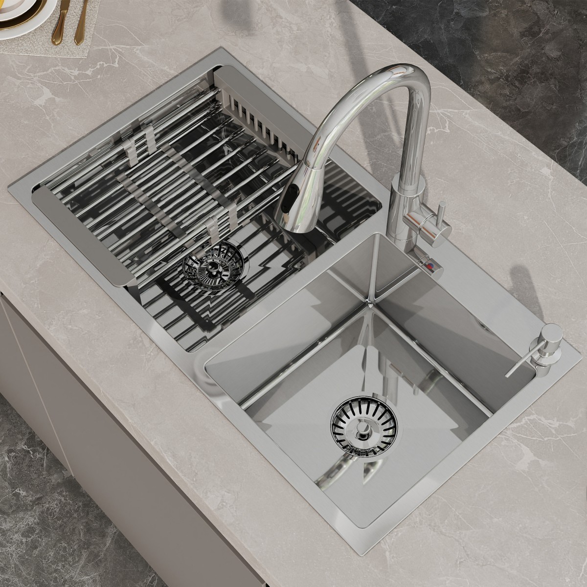 Stainless Steel Kitchen Sink 30" 32" Drop In Top Mount Double Bowl with Faucet