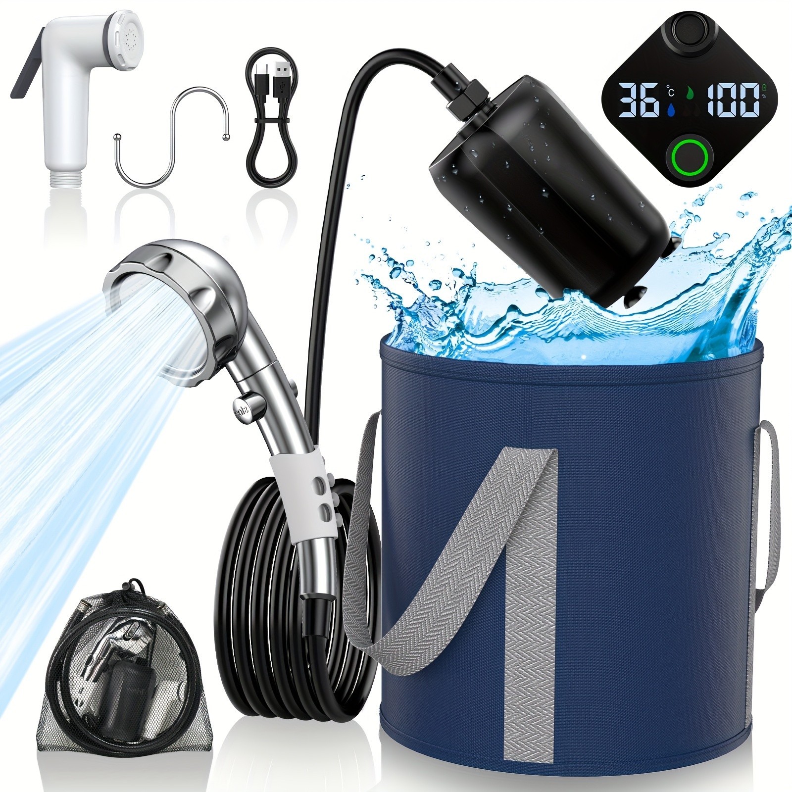 Portable Shower Camping,9000mAh Rechargeable Shower Pump with Digital Display