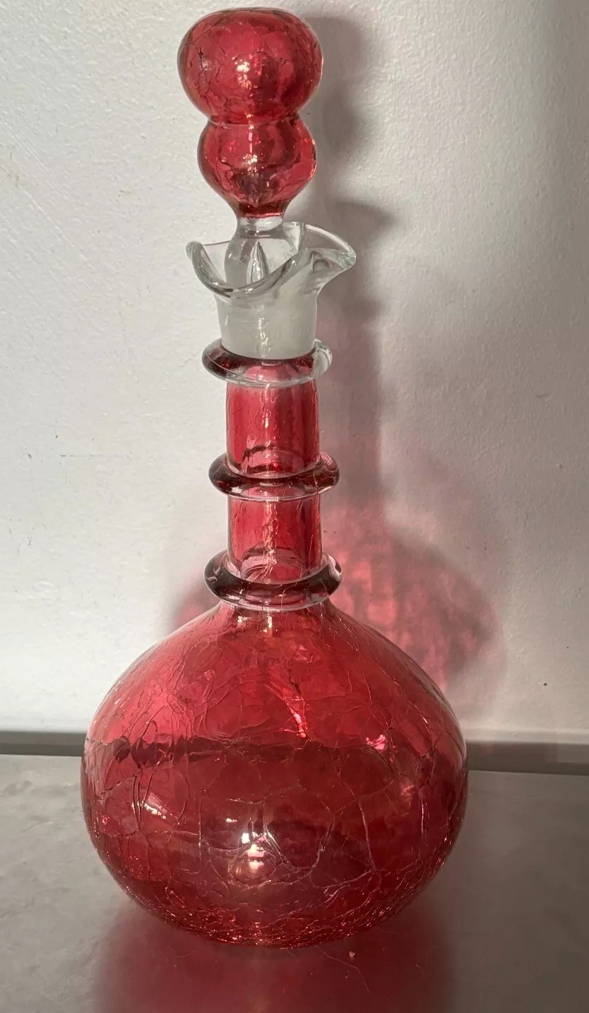 VTG Rainbow Ruffled Glass Crackle Decanter & Stopper Red Clear Rigaree Free Ship