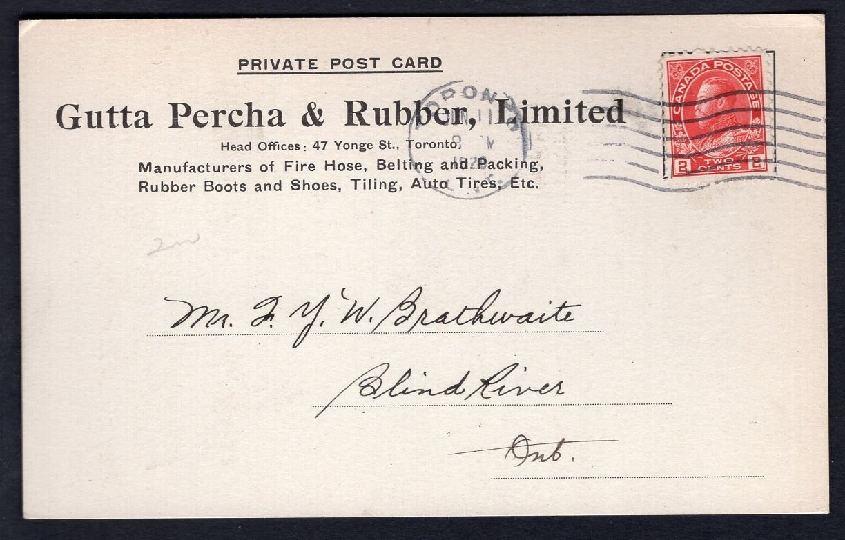 CANADA Toronto 1920 Gutta Percha & Rubber ADVRTISING Postcard to Blind River