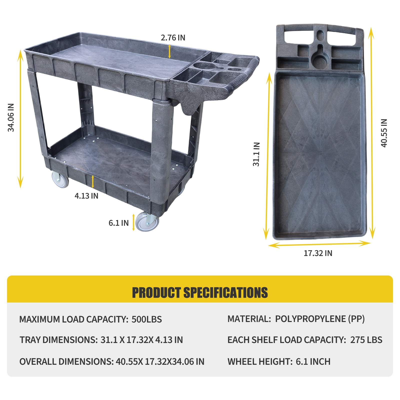 Heavy Duty Service Shop Tool Cart 2-Shelf 500lbs Capacity Organizer Rolling 360°