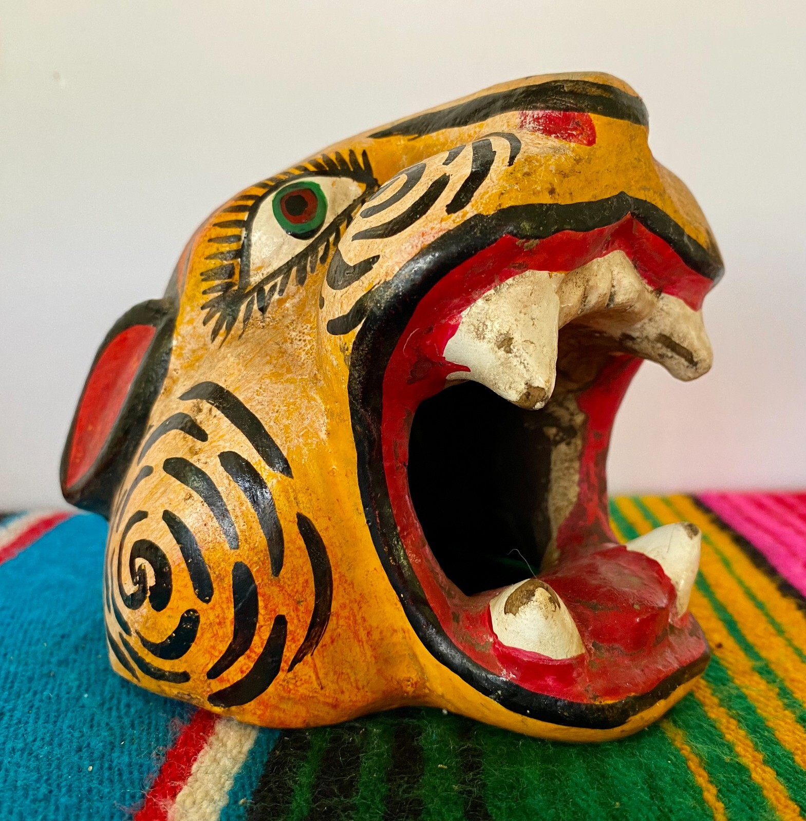 Mexican Folk Art Carved Wood Jaguar Leopard Cat Head Lion Face Mask Guerrero 5"
