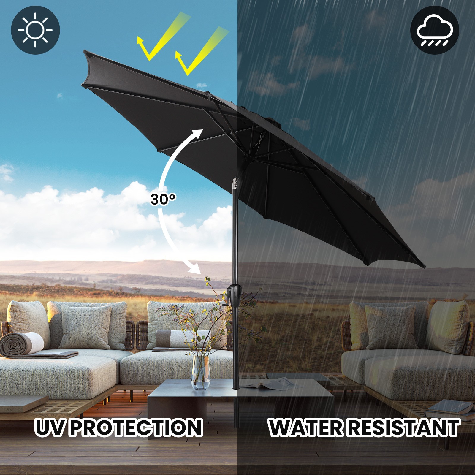 Sun-Ray 9' Round Patio Umbrella with Push-Button Tilt & Crank Lift, Multi Colors